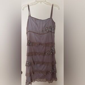 Papell Boutique Evening Dress in Soft Gray and Brown